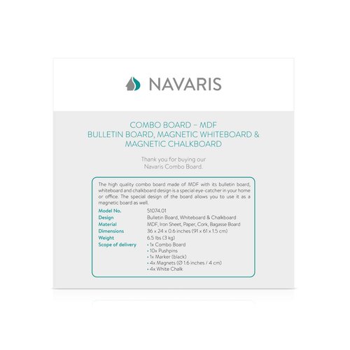 Navaris Combination Board Cork/Whiteboard/Chalkboard - 24 x 36 inches Combo Bulletin Magnetic Dry Erase Chalk Board Weekly Planner Message Organizer