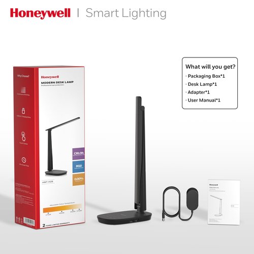 HONEYWELL LED Desk Lamp - HWT-H2 Sunturalux™ Eye-Caring Foldable Desk Light with USB A+C Dual Charging Port 4 Color Modes Dimmable Table Lamp for Home Office Bedroom Reading Study Work - Black