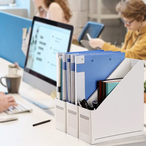 HUAPRINT White Magazine Holder,Cardboard Magazine File Holder (Pack of 3),Magazine Organizer Box,with Labels