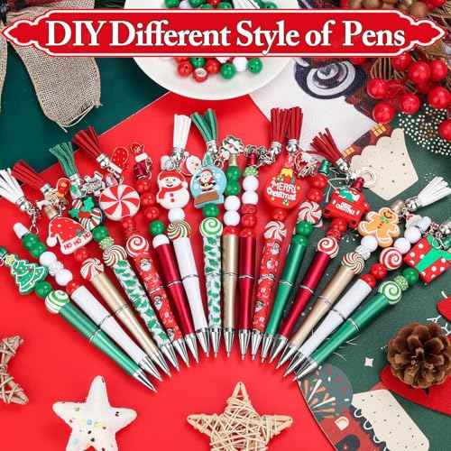 220 Pcs Christmas Beaded Pens Bulk,22 Sets Christmas Pens Bulk with Christmas Focal Beads, Silicone Beads, Christmas Charms and Tassels, DIY Beadable Pens Gift for Office School Students