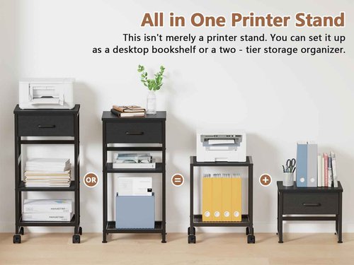 Korfile Printer Stand with Storage, Small Rolling Printer Table for Home Office, 3-Tier Printer Cart with Wheels, Modern Industrial Nightstand with Drawer, Side Table for Living Room,Bedroom, Black