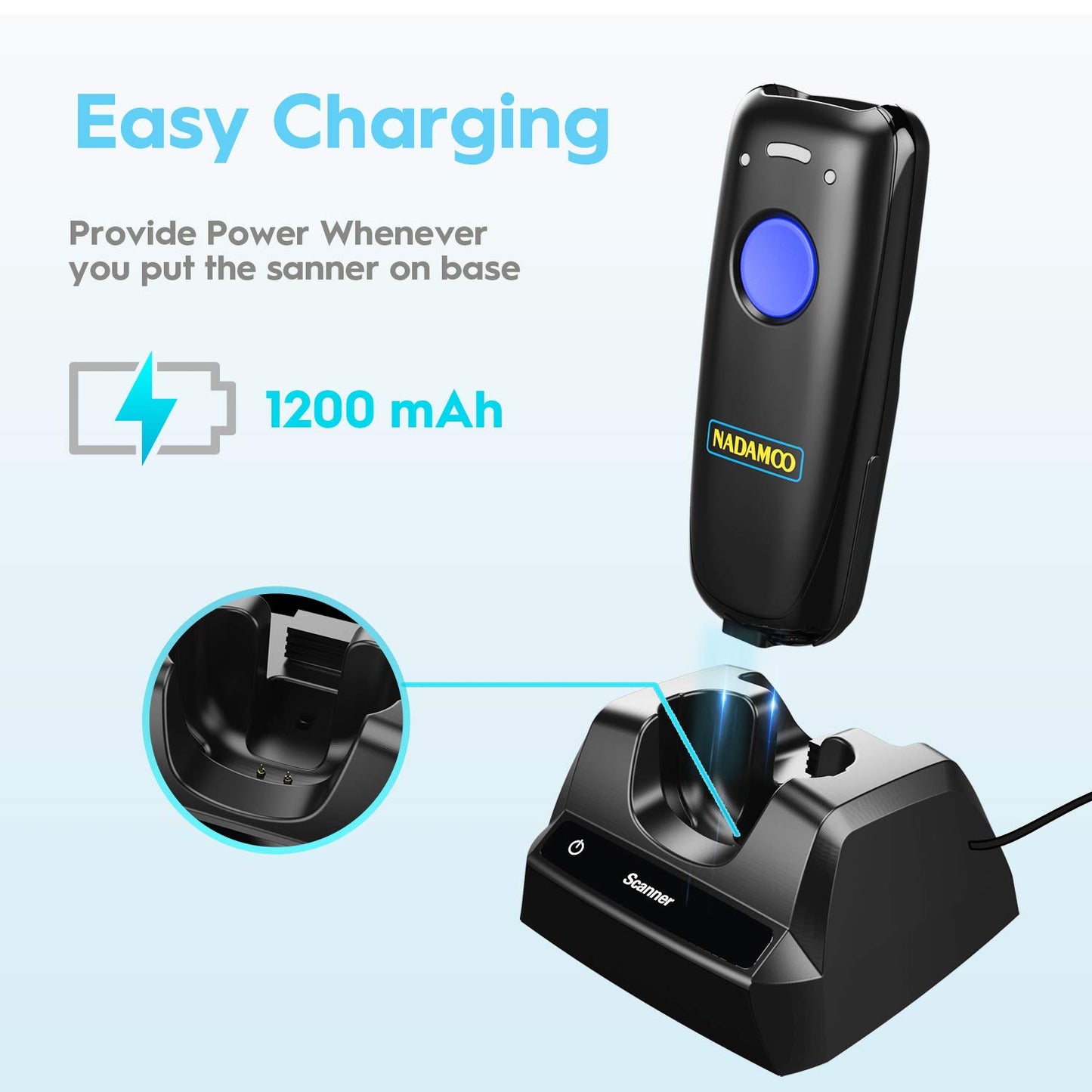 NADAMOO 1D Wireless Barcode Scanner Compatible with Bluetooth, with Charging Dock, Portable USB Bar Code Scanner for Inventory, 2.4G Wireless & Wired Barcode Reader for Tablet iPhone iPad Android iOS