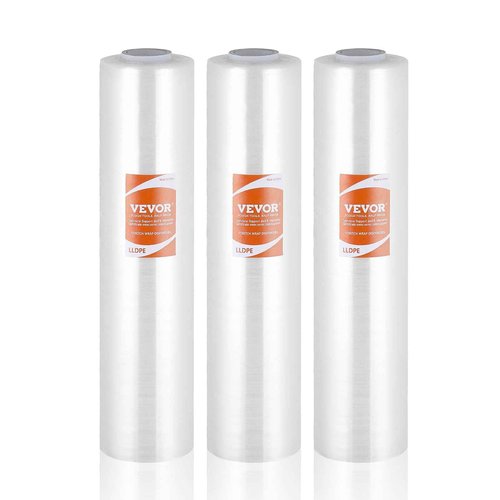 VEVOR Stretch Film, 15 inches x 1000 feet, 60 Gauge Industrial Strength Clear Durable Stretch Wrap Roll, Heavy Duty Shrink Film Stretch Wrap with Handles for Pallet Wrapping Shipping Moving, 3 Pack
