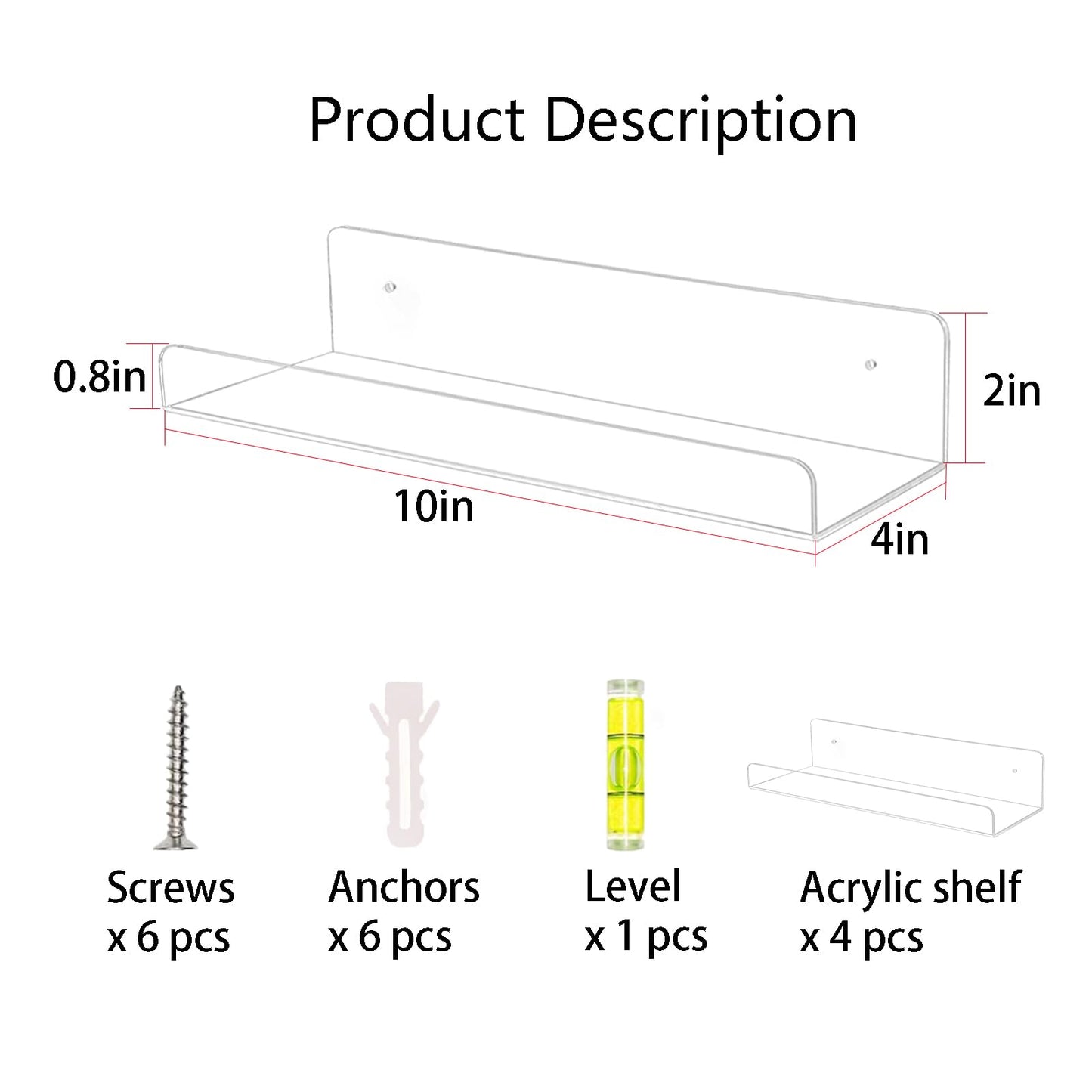 TONICE 4 Pack Acrylic Shelves for Wall 10in Floating Shelf Wall Mounted Set for Room, Bedroom, Bathroom, Kitchen, Living Room, Office Book Shelf Storage Decor