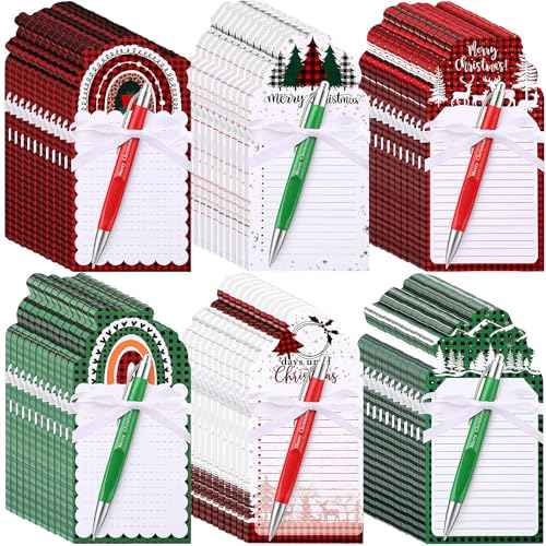 Zhanmai 96 Pcs Christmas Sticky Notes with Ballpoint Pens and Ribbons Christmas Themed Gifts Cute Plaid Design Die Cut Memo Note Pad Red Green Ballpoint Pen for School Office Home Present