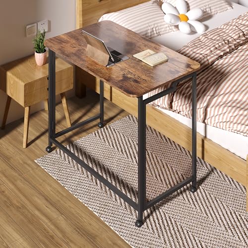 4NM 27.5-Inch Portable Folding Computer Desk with Wheels - Rustic Brown & Black, Easy Assembly, Small Space Office Cart