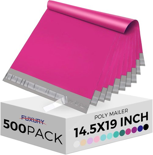 Fuxury Poly Mailers - 14.5x19 Inch Waterproof Shipping Bags | 500 Pcs Strong Adhesive Pink Envelopes