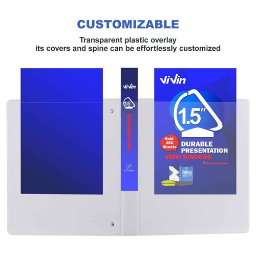3 Ring Binder 1-1/2 Inch, ViVin Sturdy 1.5"-Slant D Ring Binder with 2 Interior Pockets, Clear View Cover, PVC-Free, Fits 350 Sheets of US Letter Size Paper (6 Pack, White)