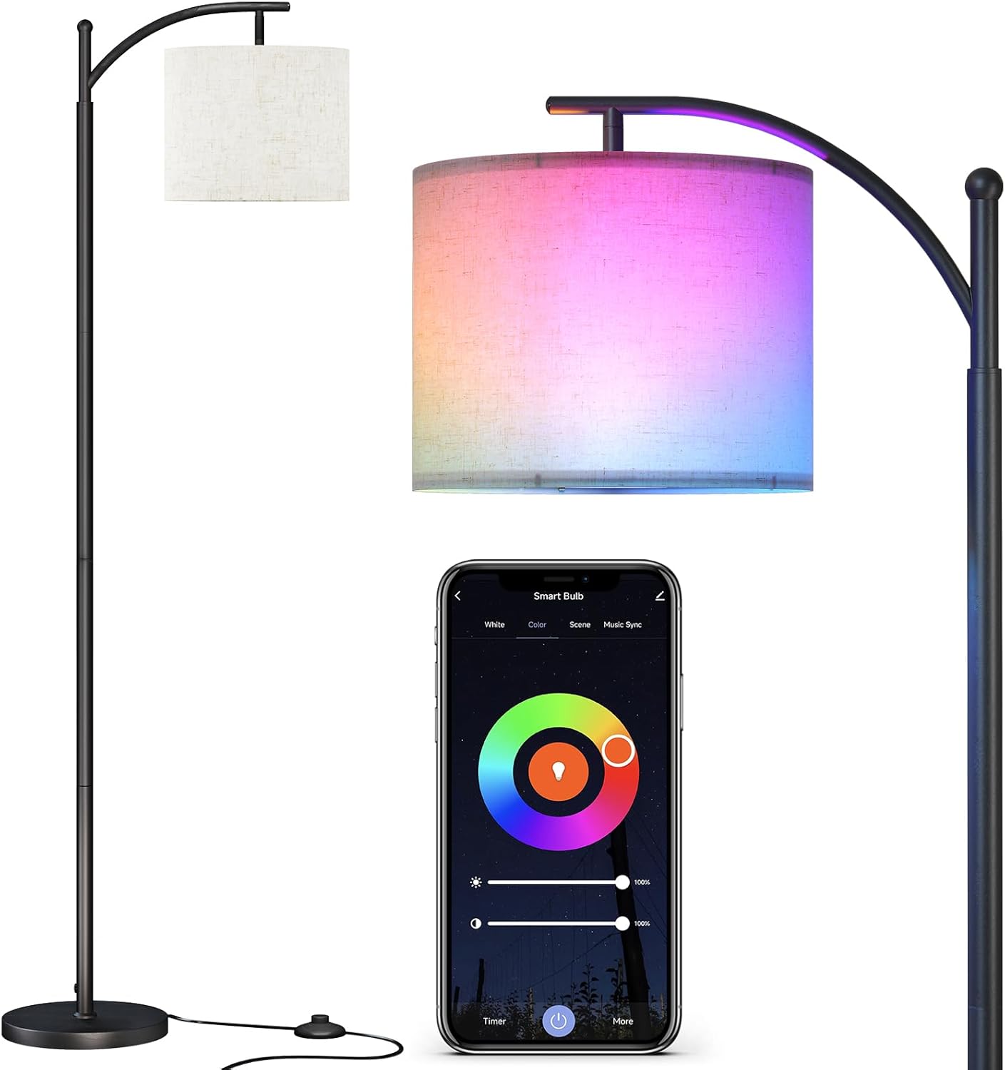 SUNMORY ARC Floor Lamp - Smart APP Remote Control with RGB Bulb | Dimmable Modern Design for Living Room, Bedroom, Office
