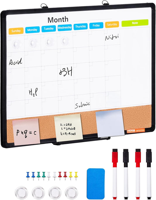 VEVOR Monthly Calendar Whiteboard & Cork Board Combo - 24"x18" Magnetic Dry Erase Bulletin Board for Home, Office, School