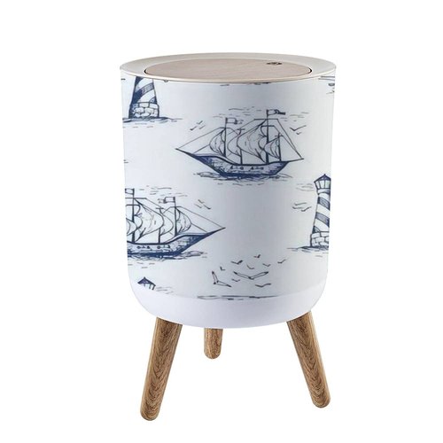 Small Trash Can with Lid Vintage Hand Drawn Nautical Toile De Jouy Seamless Lighthouse Wood Legs Press Cover Garbage Bin Round Waste Bin Wastebasket Kitchen Bathroom Office