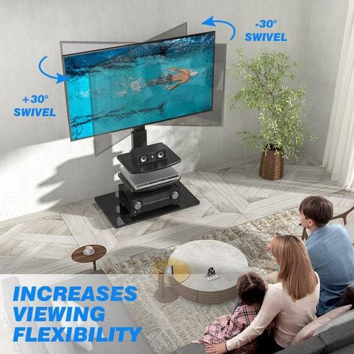 Rfiver Swivel Floor TV Stand - VESA Mount for 32-70 Inch TVs | 3-Shelf Tall Design with Tempered Glass Base, Black