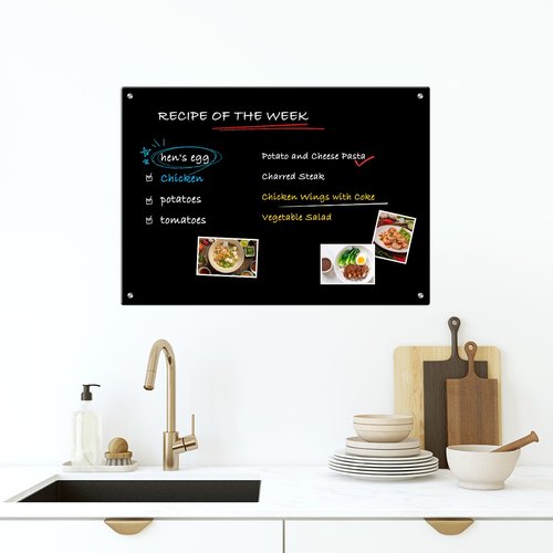 WALGLASS Black Dry Erase Board 24"x18" Magnetic Glass Board, Framless Black Glass Whiteboard for Walls, Bulletin Board for Office, School, Includes 6 Strong Magnets, 1 Pen Tray