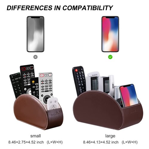 Wide Remote Control Holder , PU Leather Organizer Box with 5 Compartments for Table Office ,Remote Caddy Desktop Storage with Phone Holder, Home Accessories for Controllers , Media Player (Brown2)