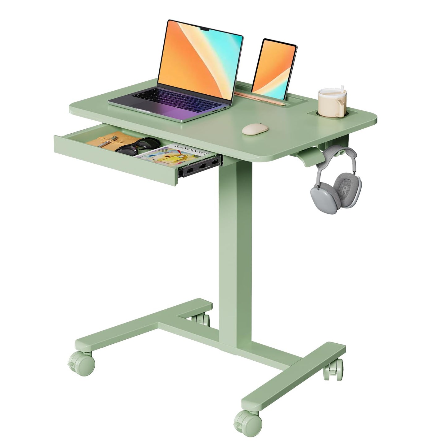 JYLH JOYSEEKER Mobile Standing Desk with Drawer, 28" Rolling Desk with Cup Holder and Hooks, Portable Laptop Workstation on Wheels, Height Adjustable Cart with Storage for Home Office, Sage Green