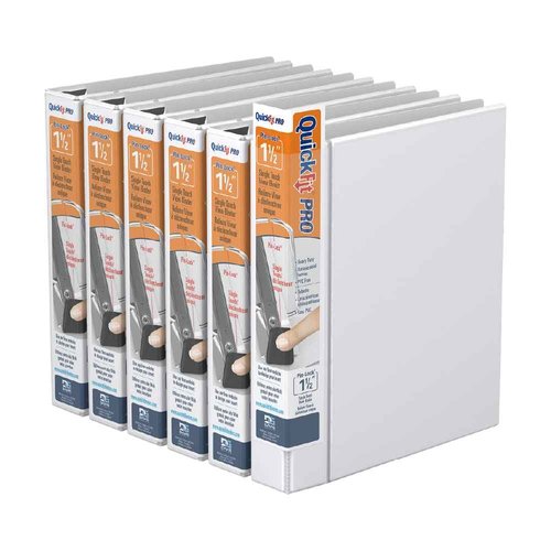QuickFit PRO Heavy Duty Single Touch View Binder, D Ring, White, 6 Pack, 1.5 Inch