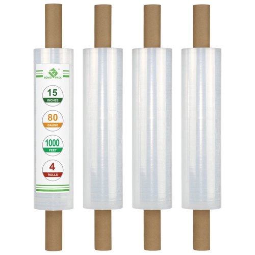 BOMEI PACK Stretch Film Wrap - Industrial Clear Plastic Stretch Wrap 1000 Feet 80 Gauge 4 Packs with Handle, Pallet Wrap for Packing, Moving Supplies, Packing Wrap Plastic Roll 15 Inches