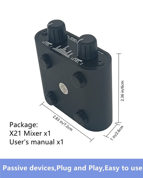TENEALAY 2 Way Audio mixer 3.5mm Un-powered mixer, 2 to 1 Stereo aux 3.5mm line levels control Box mini passive mixer X21