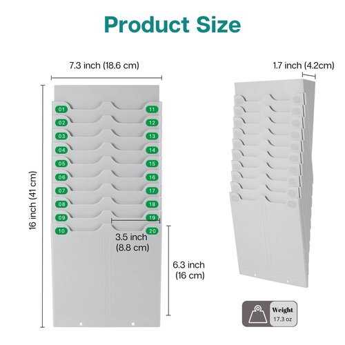 Flexzion Time Card Holder Wall Mount Expandable Time Clock Rack Double Row 20 Slot Rack Card Holder for 7 x 3.46-Inch Timesheets for Attendance Payroll Employee Assignment in Out Timecard Rack, Gray