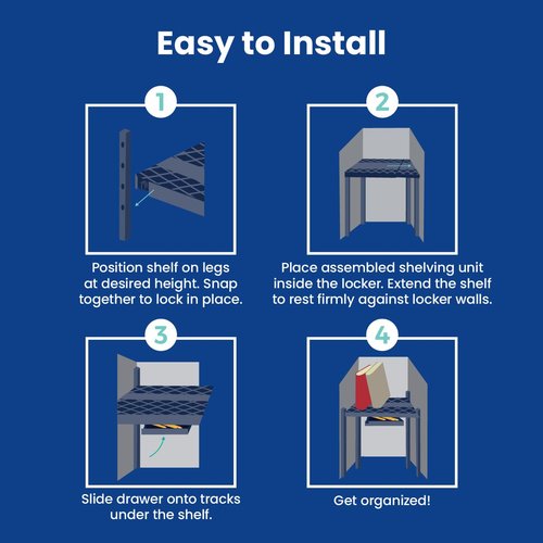 LockerMate Adjust-A-Shelf Locker Shelf & Organizer, Extends to Fit Your Locker, Easy to Use, Perfect for School, Work, Gym, Includes Storage Drawer, Blue