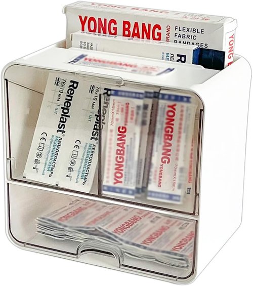 Regine Switzerland Bandages Storage Organizer - Wall-Mounted Plastic Medical Supplies Container | White Box for Cotton Swabs & Elastic Bandage Wrap