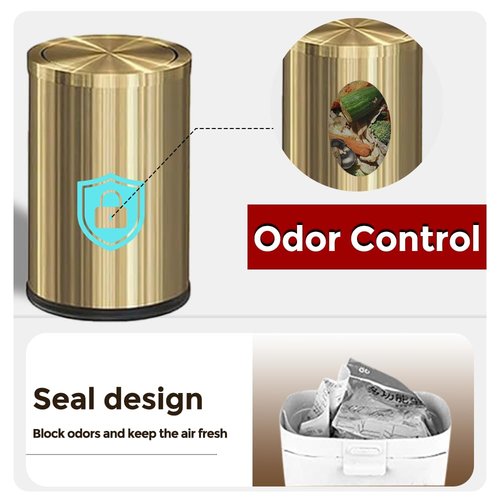 LEASYLIFE Small Trash Can with Flipping Lid，Gold Bathroom Trash can with lid，2.4gallon,Brass Trash can for Bathroom,Laundry，Hotel，Office， Laundry Room ，Metallic Gold (Single)