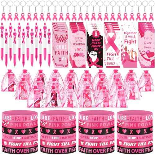 120 Pcs Breast Cancer Awareness Gift Set Include Breast Cancer Pens Pink Ribbon Silicone Bracelets Wristbands Bookmark Keychain Pink Organza Bag for Office Public Charity Events Supplies