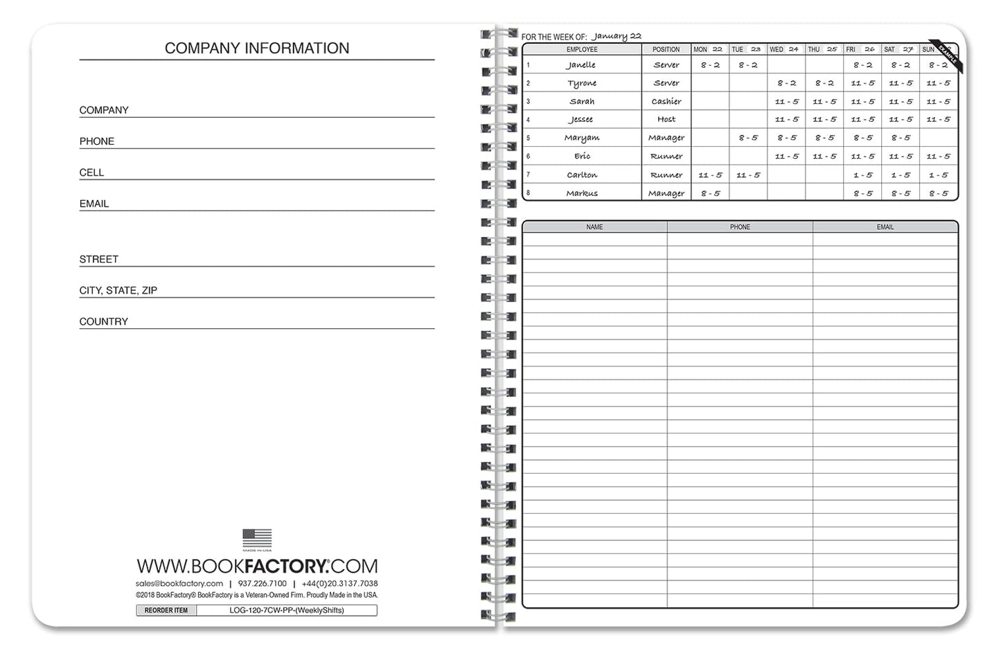 BookFactory Work Schedule Book/Weekly Employee Hourly Shift Schedule Planner/Hour/Hours/Vacation Log Book/Notebook - 120 Pages, 8.5'' x 11'', Wire-O (Made in USA)