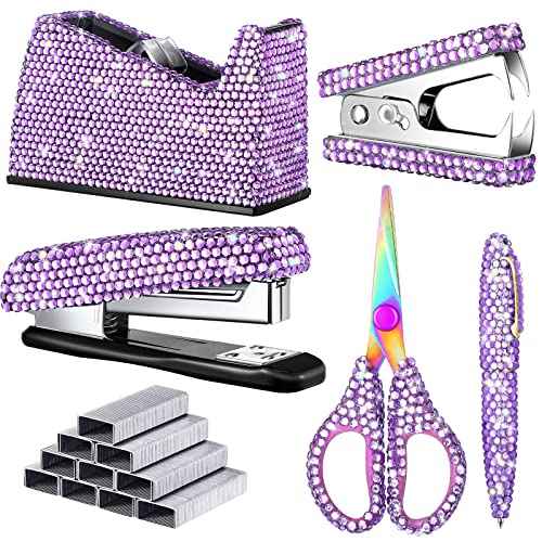 Yunlly 6 Pack Bling Office Stationery Set Desk Accessory Office Set Includes Pen Scissor Stapler Staple Remover 1000 Pcs Staples Tape Dispenser with Diamond Inlay for Home Desk(Purple)