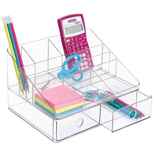 iDesign Linus Plastic Tiered Divided Desk Organizer with Drawers for Storage of Office and School Supplies, Makeup, Accessories on Vanity, Countertop, or Cabinet, 7.5" x 10" x 6.5" - Clear