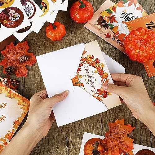 120 Pack Thanksgiving Greeting Cards with Envelope Bulk 4 x 6 Inch Happy Fall Pumpkin Holiday Family Card and 120 Pack Blank Envelope 24 Pcs Turkey Harvest Sticker Friendsgiving Religious Party Supply