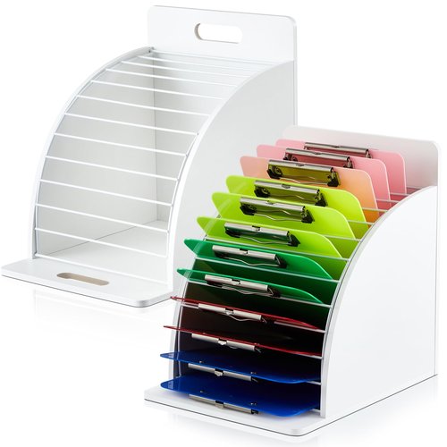 Wonderjune 2 Pcs Wooden Clipboard Holder Storage Metal Rack with Raised Side Panel Clipboard Organization for Classroom Office School Teacher, Clip Boards Not Included (White)