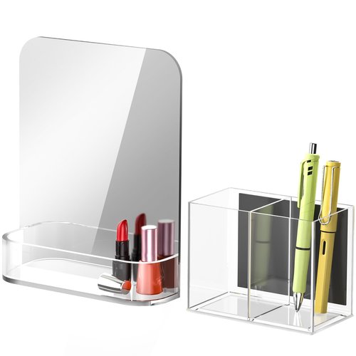 NiHome Magnetic Acrylic Locker Accessories Kit, Locker Mirror & Pen Holder Makeup Brush Holder - Eyebrow Stationery Locker Organizer with Mirror for School, Office, Gym Lockers & Home Fridge Use