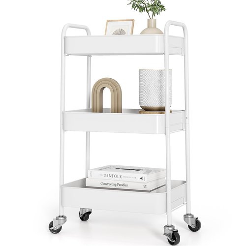 TOOLF 3-Tier Metal Rolling Cart with Wheels, Storage Utility Organizer Cart for Kitchen, Bathroom, Office, Baby Essentials & Makeup - Lockable Casters, Easy Assembly, Large Capacity, White