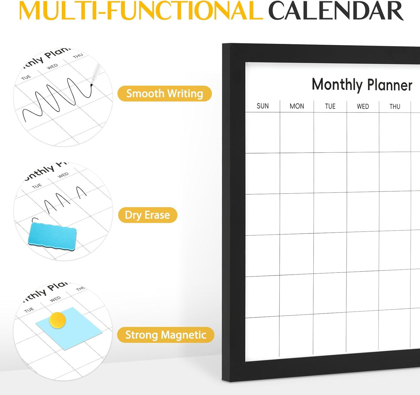 WALGLASS Dry Erase Calendar Whiteboard - 24" X 18" Linen Design with Wood Frame for Home & Office