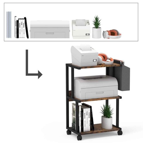 Ostreeful 3 Tier Printer Stand Rustic Brown Printer Mobile Wooden Printer Shelf Table Organizer for Home Office Kitchen