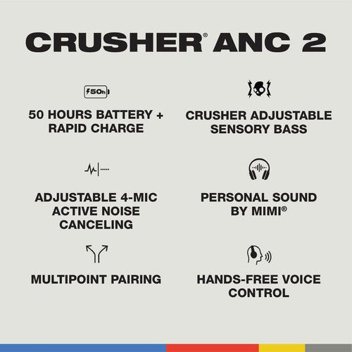 Skullcandy Crusher ANC 2 Wireless Over-Ear Bluetooth Headphones with Multi-Sensory Bass and Charging Cable, Active Noise Cancelling, Up to 60 Hours Battery, Microphone for iPhone Android - True Black