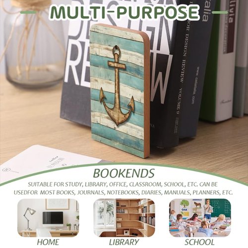 Wood Bookends Non-Slip Bookends Book Stand for Shelves Books/CD - Rustic Anchor Wood Grain