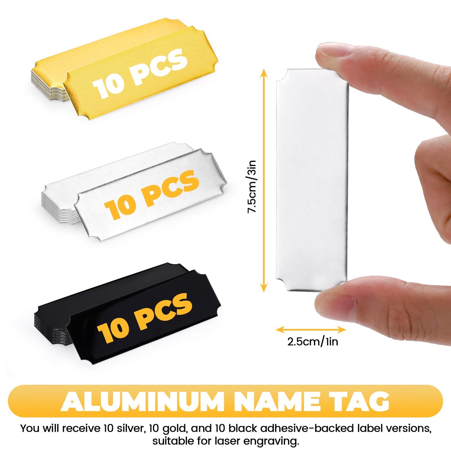 Sekonow 30 Pack Name Plates with Adhesive Backing, Laser Engraving Blanks, Metal Aluminum Personalized Trophy Plate Engraved Plaque Custom Name Tag, 3'' x 1'', Gold+Silver+Black