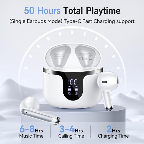 BHNYBWUL Wireless Earbuds Bluetooth Headphones 5.3 Stereo 50 Hour Playback Ear Buds with LED Display and with 4 ENC Noise Cancelling Mic Wireless Earphones, for Phone, Tablet, Laptop, Sports, White