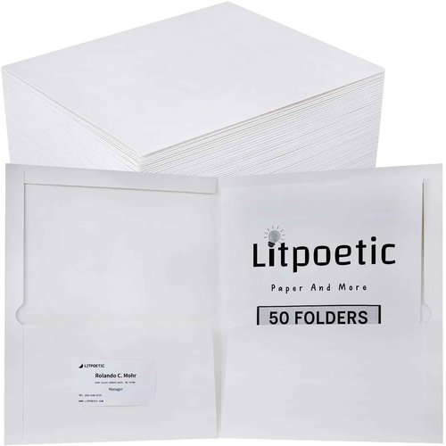 Litpoetic Two-Pocket Folders, White Glossy Laminated Paper Folder, Letter Size, Holds 100 Sheets, Box of 125