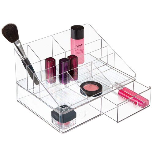 iDesign Linus Plastic Tiered Divided Desk Organizer with Drawers for Storage of Office and School Supplies, Makeup, Accessories on Vanity, Countertop, or Cabinet, 7.5" x 10" x 6.5" - Clear