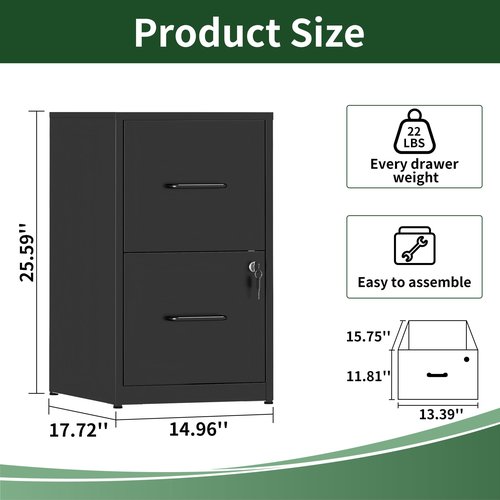 Yukimo 2 Drawer File Cabinet with Lock, Vertical File Cabinet with Lock, Locking File Cabinet Hanging Files for A4/ Legal/Letter,Black