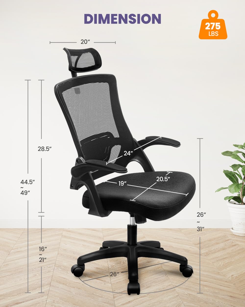 NEO Chair Ergonomic Adjustable Home Office Desk Chair High Back Computer Gaming Mesh Chair with Comfy Task Adjustable Arms Lumbar Neck Support Swivel for Home Office (Dark Black)