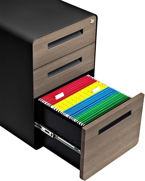 Laura Davidson Furniture 3 Drawer File Cabinet with Lock - Metal Filing Cabinet for Legal/Letter Files, Black/Wood
