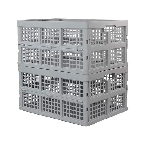 Hespapa 35 Quart Folding Crates, Plastic Collapsible Storage Container Milk Crate Baskets(Grey, 2 Pack)