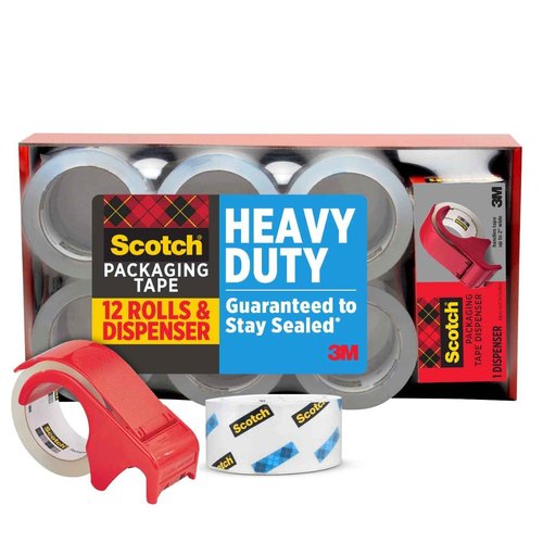 Scotch Heavy Duty Shipping Packaging Tape, 1.88" x 54.6 yd, 3" Core, Clear, Great for Packing, Shipping & Moving, 12 Rolls with Dispenser
