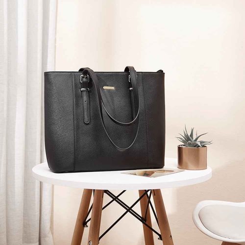 BROMEN Leather Laptop Bag for Women 15.6 inch Computer Office Briefcase Handbag Shoulder Work Tote with Padded Compartment black