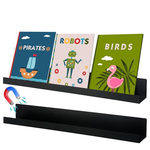 Lincia 2 Pcs Magnetic Book Shelf for Whiteboard Metal Floating Magnetic Book Display Shelf for Teacher Office(24 x 2.4 x 2 Inch,Black)