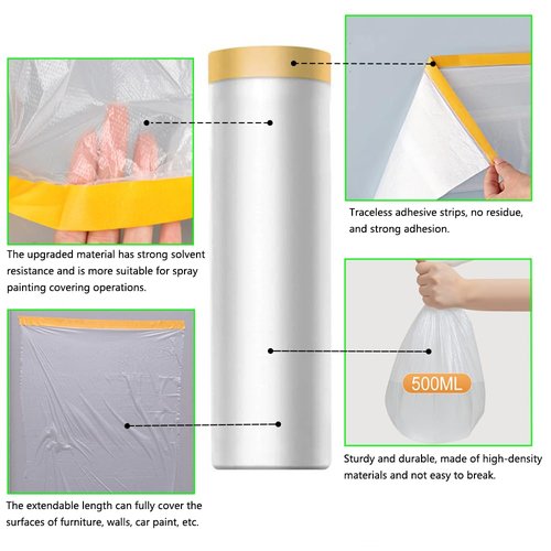 Pre-Taped Masking Film-70inx65ft Tape and Drape Painters Plastic Rolls, Plastic Painting Film for Automotive Painting Covering,Protective Drop Film for Furniture, Car, Floor (6rolls, 70in×65ft)